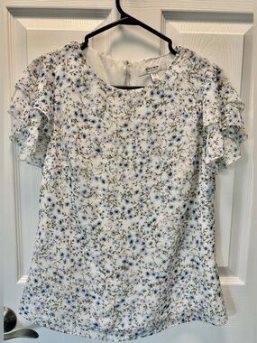 Ever New Floral Ruffled Short Sleeve Blue Green Summer Spring Blouse Size 6